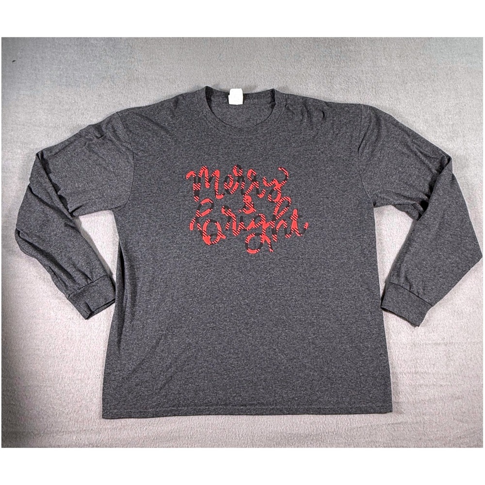 Merry & Bright Christmas Shirt Gingham Red Gray Long Sleeve Holiday Tee Size‎ XL
